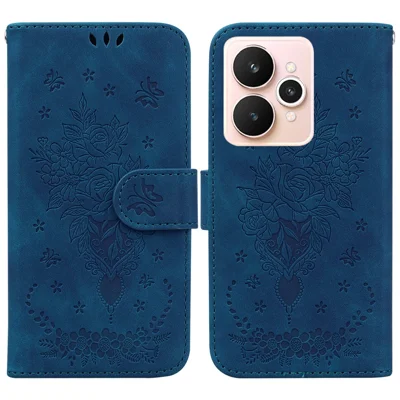 For Realme 15 Pro 5G  /  15 5G Case Butterfly Flower Imprint PU Leather Wallet Phone Cover with Strap - Blue