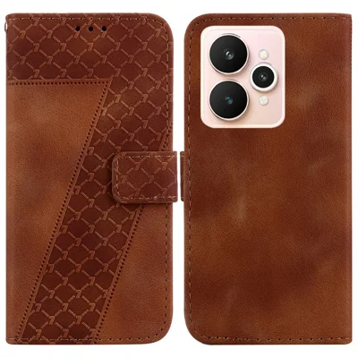 For Realme 15 Pro 5G  /  15 5G Stand Case 7-Shaped Pattern Imprint Leather Phone Cover with Strap - Brown