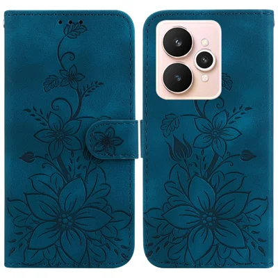 For Realme 15 Pro 5G  /  15 5G Stand Case Lily Flower Imprint Leather Phone Cover with Wrist Strap - Dark Blue