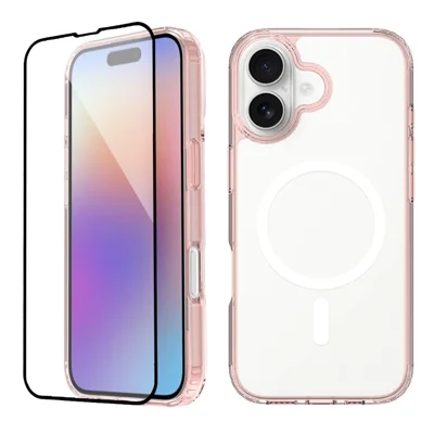 Hoesje voor iPhone 17, compatibel met MagSafe, transparant hoesje van PC + TPU met gehard glas screenprotector - Roze