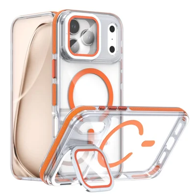 For iPhone 18 Pro / 17  Pro Magnetic Case TPU Acrylic Clear Phone Back Cover with Lens Protector Kickstand - Orange