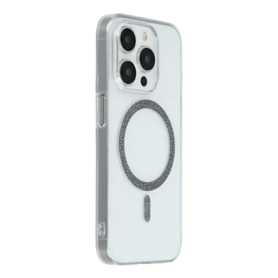 For iPhone 15 Pro Max Magnetic Case Glitter Ring 1.5mm Hard PC Clear Phone Cover - Black