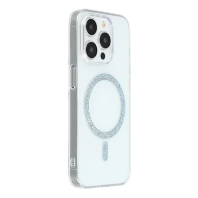 For iPhone 14 Pro Magnetic Case Glitter Ring 1.5mm Hard PC Clear Phone Cover - Blue