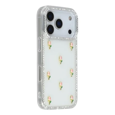 For iPhone 18 Pro / 17 Pro Case Rhinestone Edge Small Tulips Decor TPU + PC IMD Phone Cover - Glitter White