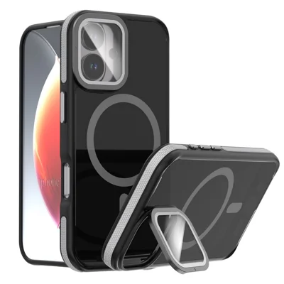For iPhone 17 Magnetic Case Skin-Touch TPU Acrylic Phone Back Cover with Lens Protector Kickstand - Grey