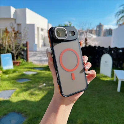 For iPhone Air Magnetic Case Skin-Touch TPU Acrylic Phone Back Cover with Lens Protector Kickstand - Orange