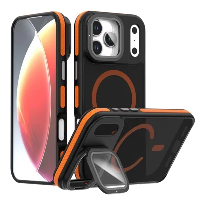 For iPhone 18 Pro / 17  Pro Magnetic Case Skin-Touch TPU Acrylic Phone Back Cover with Lens Protector Kickstand - Orange