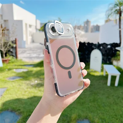 For iPhone Air Magnetic Case TPU Acrylic Phone Back Cover with Lens Film and Kickstand - Black