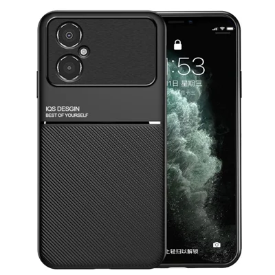 Back Protector for Xiaomi Poco M4 5G, Lines Imprinted PU Leather+TPU Hybrid Shell with Built-in Metal Sheet - Black