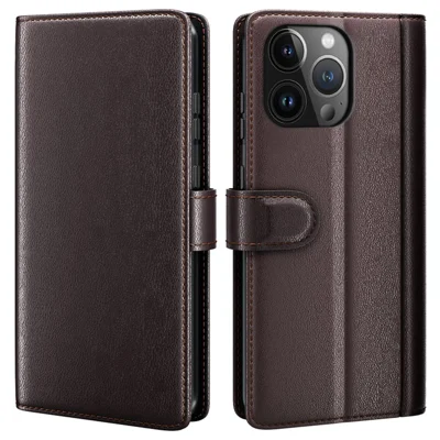 AMORUS For iPhone 14 Pro Max Stand Cases Calf Texture Genuine Split Leather Wallet Phone Cover - Brown