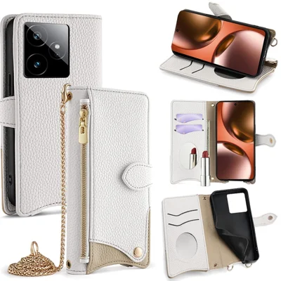 For Realme GT 7 5G Leather Case Wallet Stand Cover Irregular Tail Style with Chain Strap - White