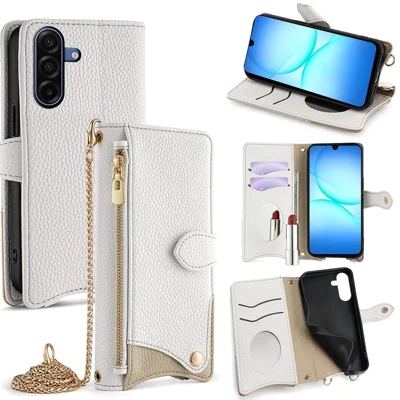 For Samsung Galaxy A18 5G / A18 4G / A17 5G / A17 4G Leather Case Wallet Stand Cover Irregular Tail Style with Chain Strap - White
