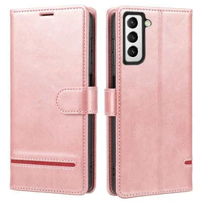 Magnetic Closing Clasp Phone Cover For Samsung Galaxy S23, Splicing PU Leather Full Protection Cell Phone Case Wallet Stand - Pink
