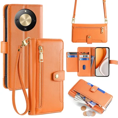 Voor Honor X70 5G Leren Hoesje met Ritsvak Portemonnee Telefoonhoes met 2 Riemen - Oranje