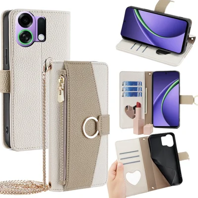 For Oppo K13 Turbo Pro 5G Case Mirror Wallet Leather Phone Cover with Chain Shoulder Strap - White