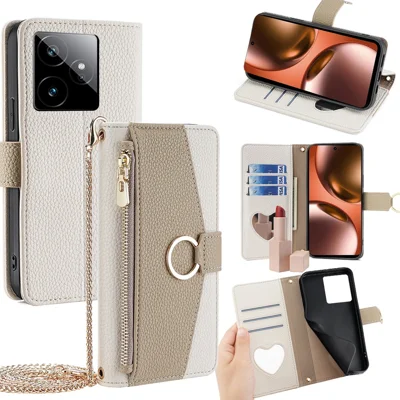 For Realme GT 7 5G Case Mirror Wallet Leather Phone Cover with Chain Shoulder Strap - White