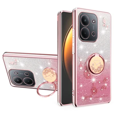 KADEM For Xiaomi Redmi 15C 4G (EU) (173mm)  /  5G (EU) (173mm)  /  Poco C85 4G (173mm) Case Kickstand TPU Flowers Phone Cover Gradient Glitter - Rose Gold