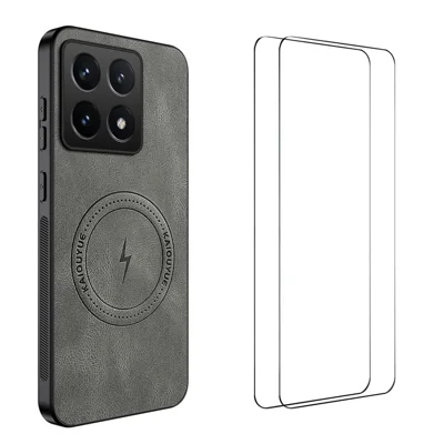 WANLONFENG For Xiaomi 14T Magnetic Case  SD Series PC TPU Phone Cover with 2Pcs Screen Film - Grey