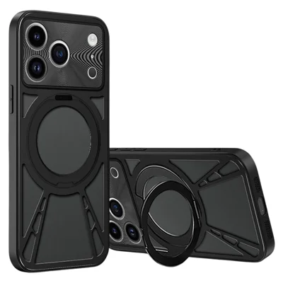 For iPhone 18 Pro / 17 Pro Case Magnetic Kickstand Hollow Heat Dissipation Silicone + PC + Metal Bumper Phone Cover - Black