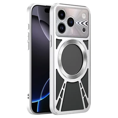 For iPhone 17 Pro Max Case Magnetic Case Hollow Heat Dissipation PC + Silicone Phone Coverr - Silver