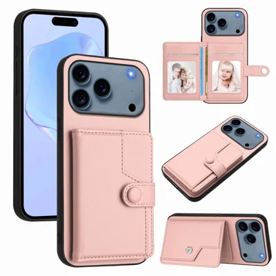 For iPhone 18 Pro Max / 17 Pro Max Case RFID Blocking Card Holder Kickstand TPU + PU Leather Phone Back Cover - Rose Gold