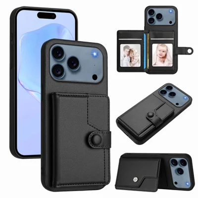 For iPhone 18 Pro / 17 Pro Case RFID Blocking Card Holder Kickstand TPU + PU Leather Phone Back Cover - Black
