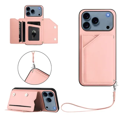 For iPhone 18 Pro Max / 17 Pro Max Case Card Holder Kickstand Skin-Touch Phone Cover with Wrist Strap - Pink