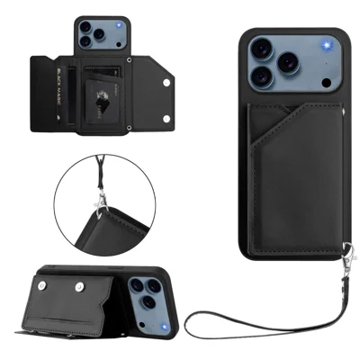 For iPhone 18 Pro Max / 17 Pro Max Case Card Holder Kickstand Skin-Touch Phone Cover with Wrist Strap - Black