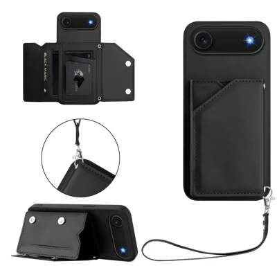 For iPhone Air Case Card Holder Kickstand Skin-Touch Phone Cover with Wrist Strap - Black