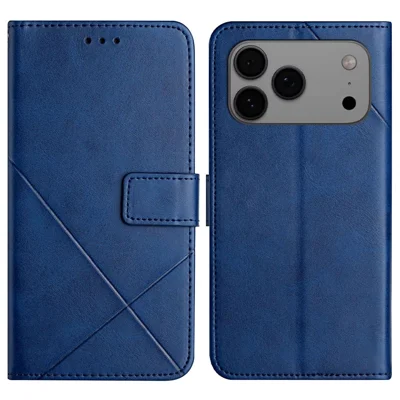 For iPhone 18 Pro / 17 Pro Case Line Pattern Wallet Leather Phone Cover with Wrist Strap - Blue