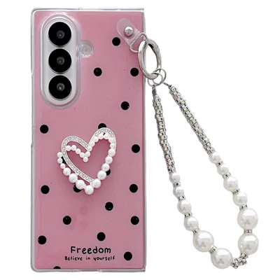For Samsung Galaxy Z Fold7 5G Case Glitter DIY Heart Charm Phone Cover with Wrist Strap - Polka Dot Pink