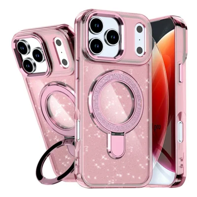 For iPhone 17 Pro Case Glitter Design TPU + PC Kickstand Phone Protector - Pink