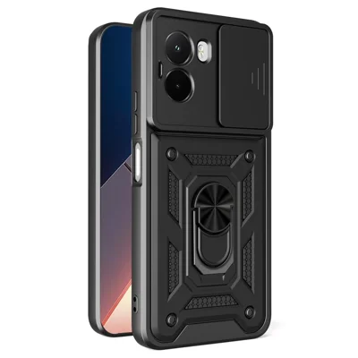 Fodral för Xiaomi Poco M7 4G (169 mm) med glidlock för kamera PC + TPU med ställfot - Svart