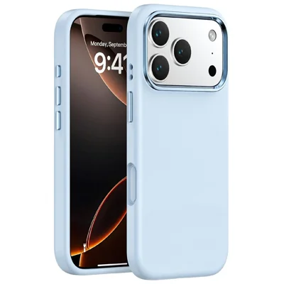 For iPhone 17 Pro Case Shockproof Liquid Silicone Phone Back Cover with Metal Lens Frame - Blue