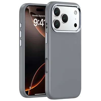 For iPhone 17 Pro Case Shockproof Liquid Silicone Phone Back Cover with Metal Lens Frame - Grey