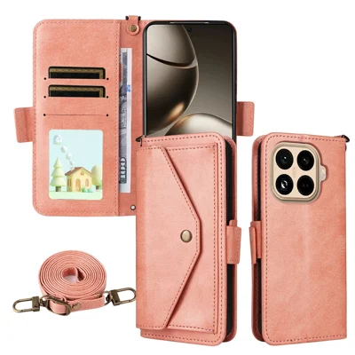 For Xiaomi 15T Pro Leather Case Magnetic Closure Wallet Stand Phone Cover with Crossbody Strap - Pink