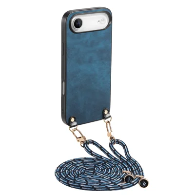 For iPhone Air Retro Leather Phone Back Cover with Adjustable Strap - Blue
