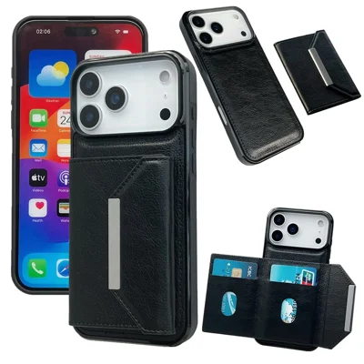 For iPhone 17 Pro Max Case Card Bag Kickstand TPU + PU Phone Cover - Zwart