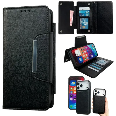 For iPhone 17 Pro Max Case Detachable 2 in 1 Magnetic Closure PU Leather Wallet Phone Case - Black