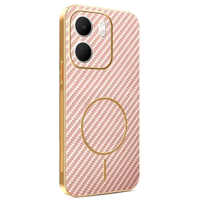 For Oppo A5x 4G / A5x 5G Phone Case Carbon Fiber Textured Electroplated TPU Back Cover - Pink