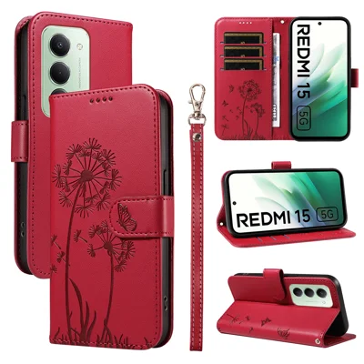 For Xiaomi Redmi 15 4G (EU) (171mm) Leather Wallet Case with Strap Dandelion Imprint Phone Stand Cover - Red