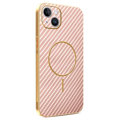 Telefoonhoesje voor iPhone 14 Plus, TPU-achterkant met koolstofvezelstructuur en elektrolytische coating - Roze