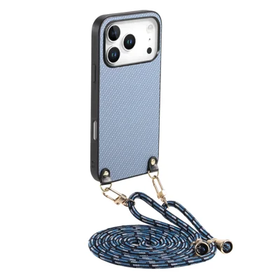 For iPhone 17 Pro Case Carbon Fiber Texture PU + PC + TPU Anti Drop Phone Cover with Crossbody Lanyard - Blue