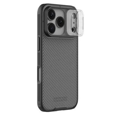 NILLKIN Seria Camshield Pro dla iPhone 17 Pro Max, etui TPU + PC przezroczyste czarne z pokrywą obiektywu przesuwaną