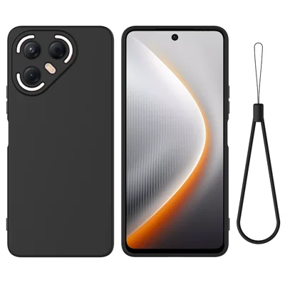 För TECNO Pova 7 Ultra 5G Liquid Silicone Case Phone Back Cover with Hand Strap - Svart