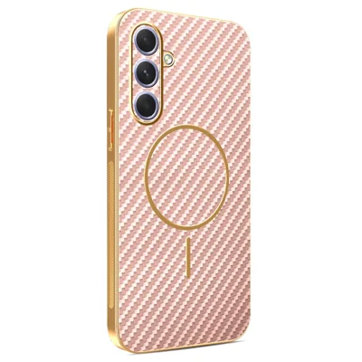 Voor Samsung Galaxy A55 5G telefoonhoesje met koolstofvezelstructuur en geëmailleerde TPU achterkant - Roze