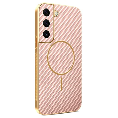 For Samsung Galaxy S22 5G Phone Case Carbon Fiber Textured Electroplated TPU Back Cover - Pink