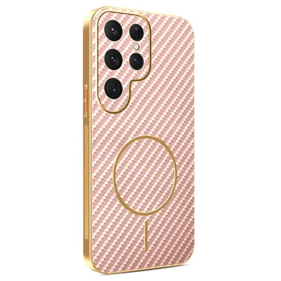 For Samsung Galaxy S24 Ultra Phone Case Carbon Fiber Textured Electroplated TPU Back Cover - Pink