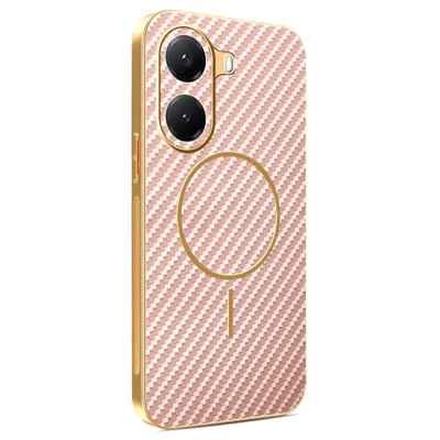 Voor Xiaomi Poco X7 Pro 5G / Redmi Turbo 4 5G telefoonhoesje met koolstofvezelstructuur en gegalvaniseerde TPU achterkant - Roze