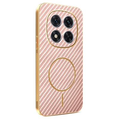 Telefoonhoesje voor Xiaomi Redmi Note 14 Pro 5G / Poco X7 5G met koolstofvezelstructuur, elektrolytisch gegalvaniseerd TPU-achterpaneel - Roze